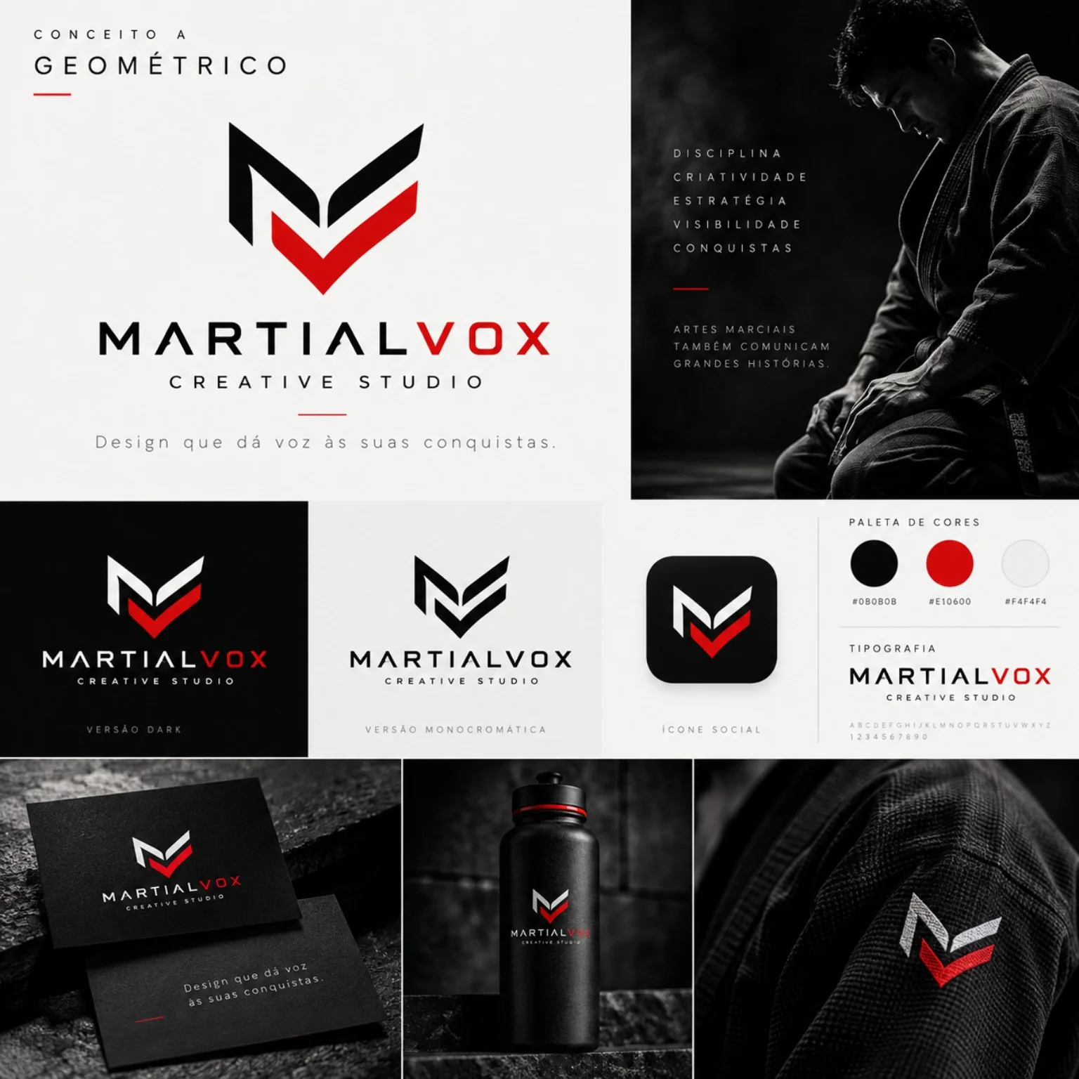 Estudo de aplicação da MARTIALVOX em cartões pretos com emblema branco e vermelho