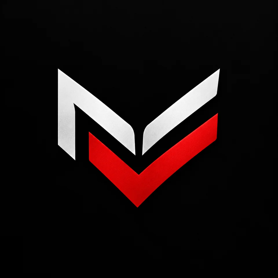 Emblema geométrico original MARTIALVOX, branco e vermelho sobre preto
